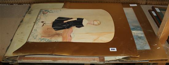 2 pastel portraits, watercolour portrait and pastel seascape, all unframed